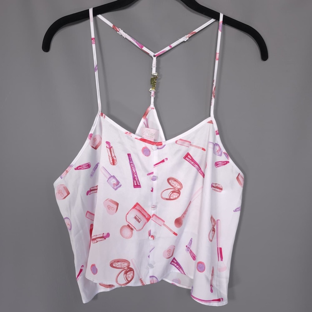VICTORIA'S SECRET PINK New MEDIUM Pajama Set Satin Cami Shorts Makeup Print Logo - Picture 4 of 16